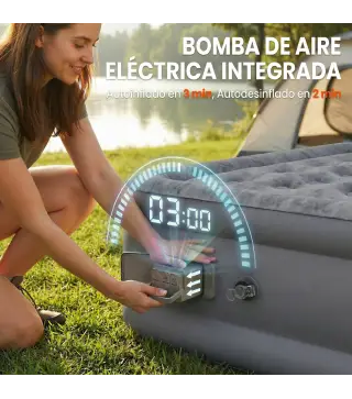 Colchón Hinchable Individual Plegable con Bomba Inflado 3 Min Desinflado 2 Min Bolsa Carga 200 kg 190x97x39 cm Gris