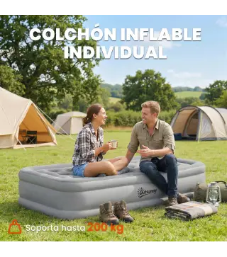 Colchón Hinchable Individual Plegable con Bomba Inflado 3 Min Desinflado 2 Min Bolsa Carga 200 kg 190x97x39 cm Gris