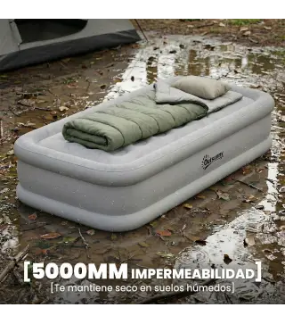 Colchón Hinchable Individual Plegable con Bomba Inflado 3 Min Desinflado 2 Min Bolsa Carga 200 kg 190x97x39 cm Gris