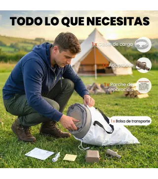 Colchón Hinchable Individual Plegable con Bomba Inflado 3 Min Desinflado 2 Min Bolsa Carga 200 kg 190x97x39 cm Gris