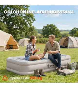 Colchón Hinchable Individual Plegable con Bomba Inflado 3 Min Desinflado 2 Min Bolsa Carga 200 kg 190x97x39 cm Caqui
