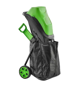 Trituradora de Ramas Eléctrica 2500W con 2 Cuchillas Reversibles hasta Ø44 mm de Ramas Bolsa 45L Ruedas Verde