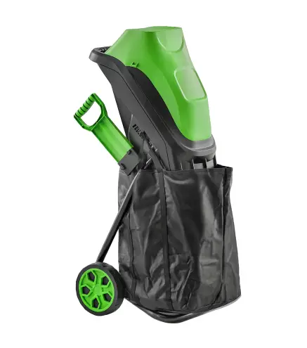 Trituradora de Ramas Eléctrica 2500W con 2 Cuchillas Reversibles hasta Ø44 mm de Ramas Bolsa 45L Ruedas Verde