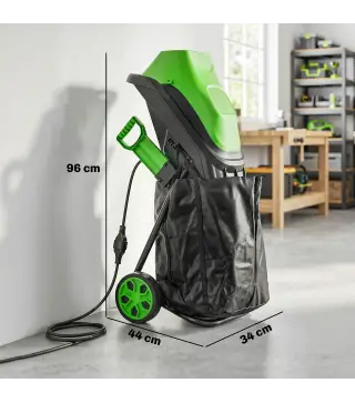 Trituradora de Ramas Eléctrica 2500W con 2 Cuchillas Reversibles hasta Ø44 mm de Ramas Bolsa 45L Ruedas Verde