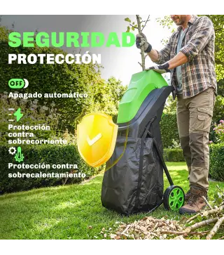 Trituradora de Ramas Eléctrica 2500W con 2 Cuchillas Reversibles hasta Ø44 mm de Ramas Bolsa 45L Ruedas Verde