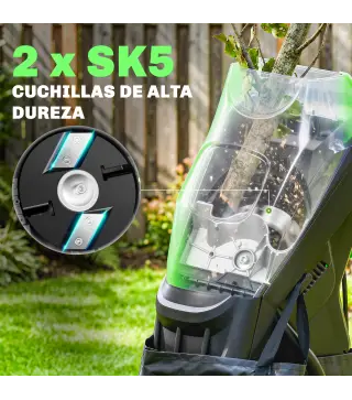 Trituradora de Ramas Eléctrica 2500W con 2 Cuchillas Reversibles hasta Ø44 mm de Ramas Bolsa 45L Ruedas Verde