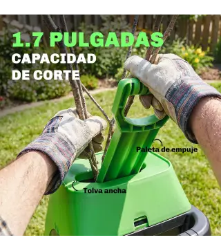Trituradora de Ramas Eléctrica 2500W con 2 Cuchillas Reversibles hasta Ø44 mm de Ramas Bolsa 45L Ruedas Verde