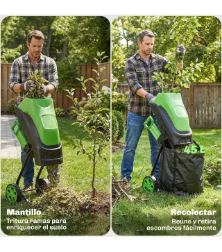 Trituradora de Ramas Eléctrica 2500W con 2 Cuchillas Reversibles hasta Ø44 mm de Ramas Bolsa 45L Ruedas Verde