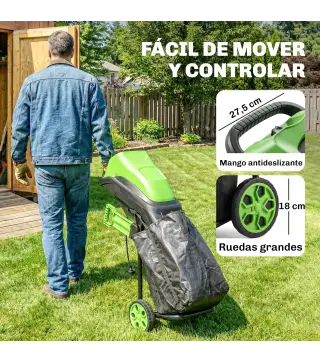 Trituradora de Ramas Eléctrica 2500W con 2 Cuchillas Reversibles hasta Ø44 mm de Ramas Bolsa 45L Ruedas Verde