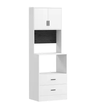 Mueble Auxiliar de Cocina con Soporte para Microondas 2 Cajones 2 Puertas y Panel Perforado de Metal Blanco