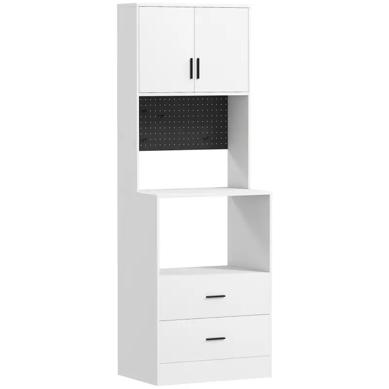 Mueble Auxiliar de Cocina con Soporte para Microondas 2 Cajones 2 Puertas y Panel Perforado de Metal Blanco