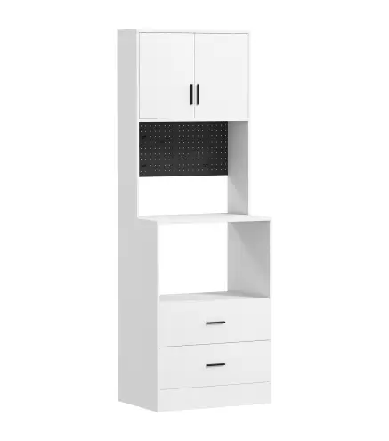 Mueble Auxiliar de Cocina con Soporte para Microondas 2 Cajones 2 Puertas y Panel Perforado de Metal Blanco