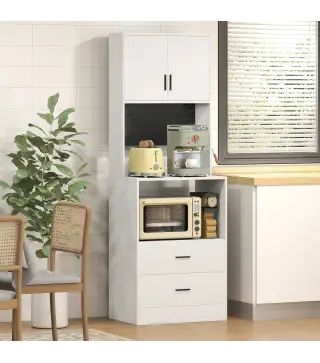 Mueble Auxiliar de Cocina con Soporte para Microondas 2 Cajones 2 Puertas y Panel Perforado de Metal Blanco