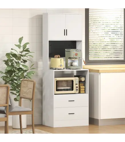 Mueble Auxiliar de Cocina con Soporte para Microondas 2 Cajones 2 Puertas y Panel Perforado de Metal Blanco