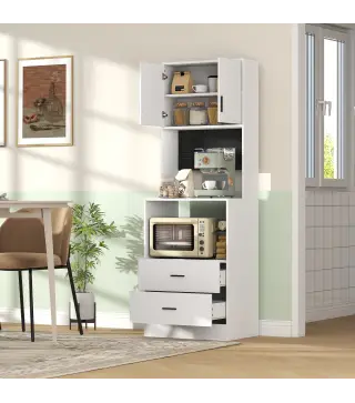 Mueble Auxiliar de Cocina con Soporte para Microondas 2 Cajones 2 Puertas y Panel Perforado de Metal Blanco