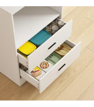 Mueble Auxiliar de Cocina con Soporte para Microondas 2 Cajones 2 Puertas y Panel Perforado de Metal Blanco