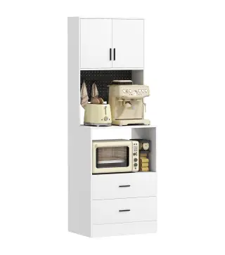 Mueble Auxiliar de Cocina con Soporte para Microondas 2 Cajones 2 Puertas y Panel Perforado de Metal Blanco