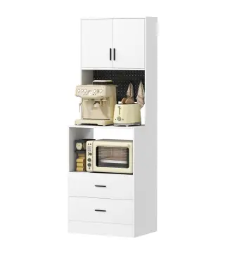 Mueble Auxiliar de Cocina con Soporte para Microondas 2 Cajones 2 Puertas y Panel Perforado de Metal Blanco