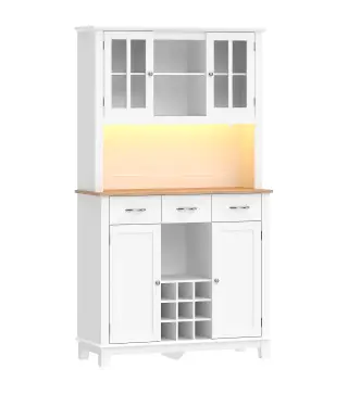 Alacena de Cocina con Iluminación LED Control por APP Encimera para Microondas Botellero Puertas de Vidrio Blanco