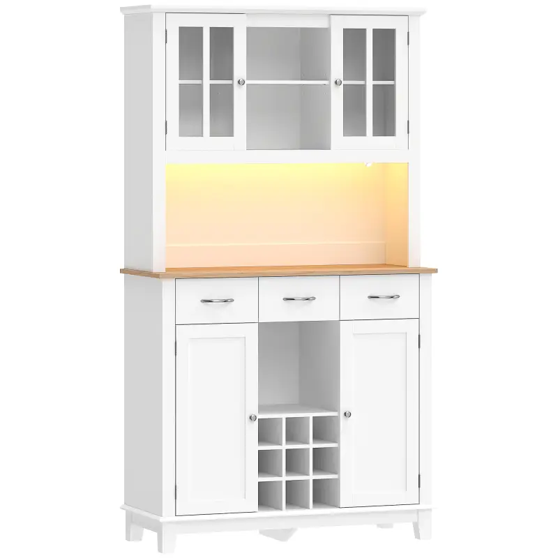 Alacena de Cocina con Iluminación LED Control por APP Encimera para Microondas Botellero Puertas de Vidrio Blanco