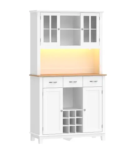 Alacena de Cocina con Iluminación LED Control por APP Encimera para Microondas Botellero Puertas de Vidrio Blanco