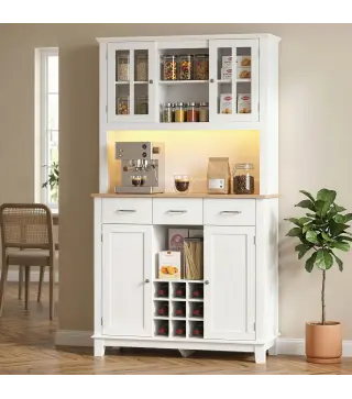 Alacena de Cocina con Iluminación LED Control por APP Encimera para Microondas Botellero Puertas de Vidrio Blanco