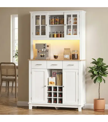 Alacena de Cocina con Iluminación LED Control por APP Encimera para Microondas Botellero Puertas de Vidrio Blanco