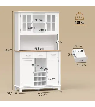 Alacena de Cocina con Iluminación LED Control por APP Encimera para Microondas Botellero Puertas de Vidrio Blanco