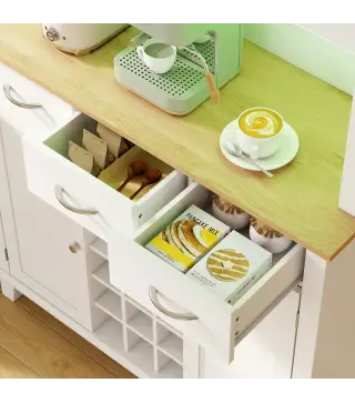 Alacena de Cocina con Iluminación LED Control por APP Encimera para Microondas Botellero Puertas de Vidrio Blanco