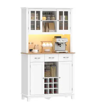 Alacena de Cocina con Iluminación LED Control por APP Encimera para Microondas Botellero Puertas de Vidrio Blanco