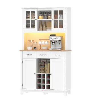 Alacena de Cocina con Iluminación LED Control por APP Encimera para Microondas Botellero Puertas de Vidrio Blanco