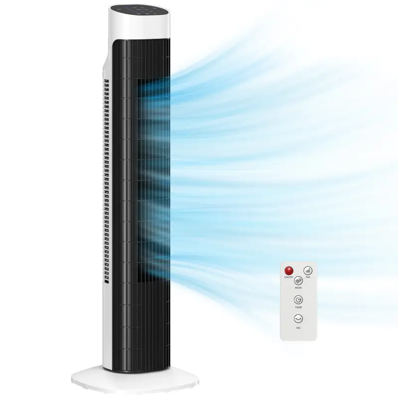 Ventilador de Torre Silencioso con Control Remoto 3 Velocidades 3 Modos Temporizador 7,5H Oscilación 70° Blanco y Negro
