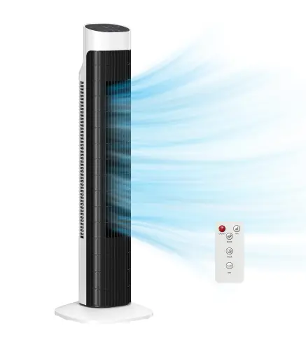 Ventilador de Torre Silencioso con Control Remoto 3 Velocidades 3 Modos Temporizador 7,5H Oscilación 70° Blanco y Negro