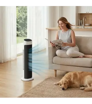 Ventilador de Torre Silencioso con Control Remoto 3 Velocidades 3 Modos Temporizador 7,5H Oscilación 70° Blanco y Negro