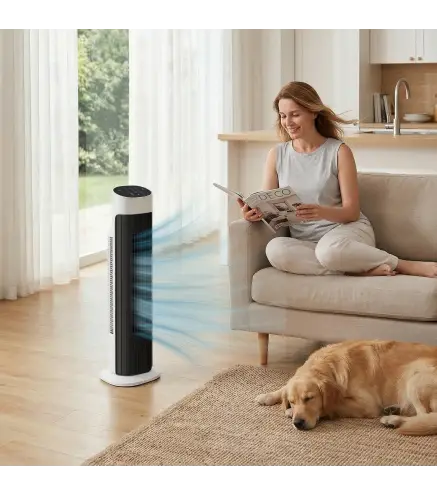 Ventilador de Torre Silencioso con Control Remoto 3 Velocidades 3 Modos Temporizador 7,5H Oscilación 70° Blanco y Negro