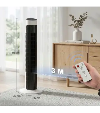 Ventilador de Torre Silencioso con Control Remoto 3 Velocidades 3 Modos Temporizador 7,5H Oscilación 70° Blanco y Negro