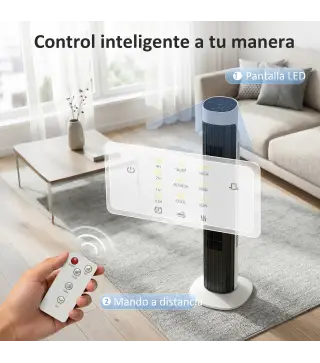 Ventilador de Torre Silencioso con Control Remoto 3 Velocidades 3 Modos Temporizador 7,5H Oscilación 70° Blanco y Negro