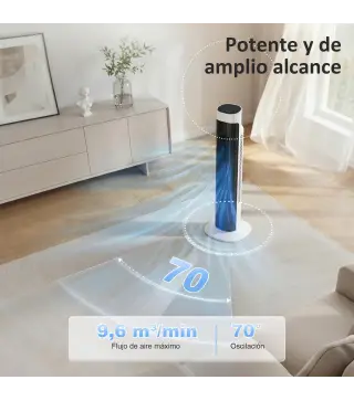 Ventilador de Torre Silencioso con Control Remoto 3 Velocidades 3 Modos Temporizador 7,5H Oscilación 70° Blanco y Negro
