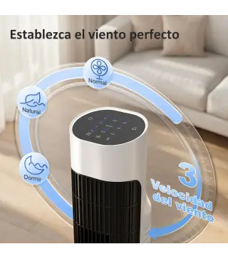 Ventilador de Torre Silencioso con Control Remoto 3 Velocidades 3 Modos Temporizador 7,5H Oscilación 70° Blanco y Negro