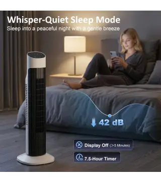 Ventilador de Torre Silencioso con Control Remoto 3 Velocidades 3 Modos Temporizador 7,5H Oscilación 70° Blanco y Negro