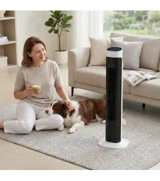 Ventilador de Torre Silencioso con Control Remoto 3 Velocidades 3 Modos Temporizador 7,5H Oscilación 70° Blanco y Negro