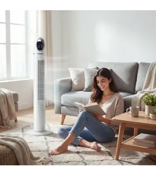 Ventilador de Torre con Control Remoto 3 Velocidades 3 Modos Temporizador 24H Oscilación 70° Pantalla LED Blanco