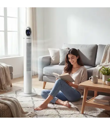 Ventilador de Torre con Control Remoto 3 Velocidades 3 Modos Temporizador 24H Oscilación 70° Pantalla LED Blanco