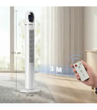 Ventilador de Torre con Control Remoto 3 Velocidades 3 Modos Temporizador 24H Oscilación 70° Pantalla LED Blanco