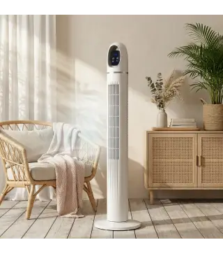 Ventilador de Torre con Control Remoto 3 Velocidades 3 Modos Temporizador 24H Oscilación 70° Pantalla LED Blanco