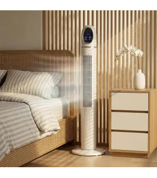 Ventilador de Torre con Control Remoto 3 Velocidades 3 Modos Temporizador 24H Oscilación 70° Pantalla LED Blanco