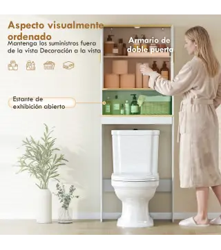 Estantería para Baño sobre Inodoro de 3 Niveles con Estante Abierto 2 Puertas y Estante Ajustable 64x20x170,5 cm Blanco