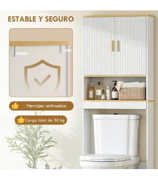 Estantería para Baño sobre Inodoro de 3 Niveles con Estante Abierto 2 Puertas y Estante Ajustable 64x20x170,5 cm Blanco