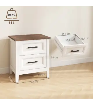 Mesilla de Noche con 2 Cajones Estilo Rústico Mesita para Salón Dormitorio 45x30x50 cm Blanco