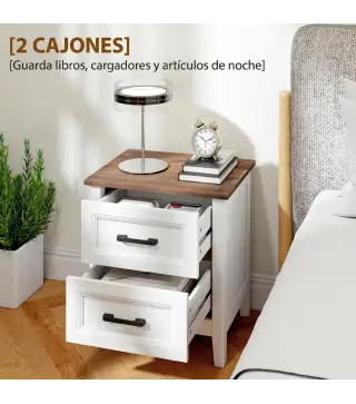 Mesilla de Noche con 2 Cajones Estilo Rústico Mesita para Salón Dormitorio 45x30x50 cm Blanco